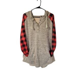 Unbranded Contrast  Women's Pull Over Hoodie Red Black Plaid Sleeves Size XL